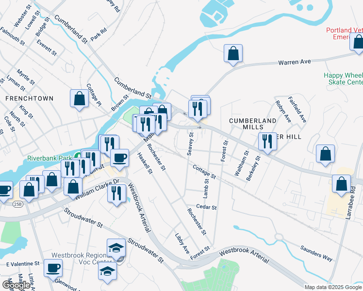 map of restaurants, bars, coffee shops, grocery stores, and more near 27 Seavey Street in Westbrook
