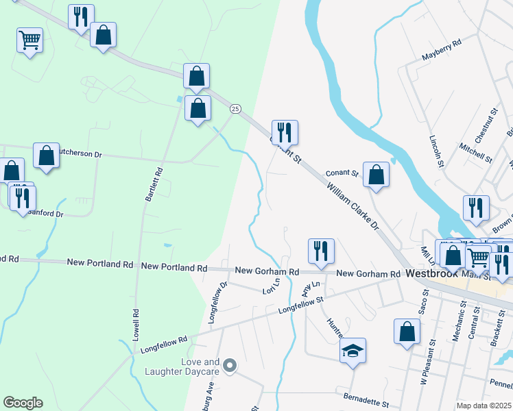 map of restaurants, bars, coffee shops, grocery stores, and more near 20 Juniper Lane in Westbrook