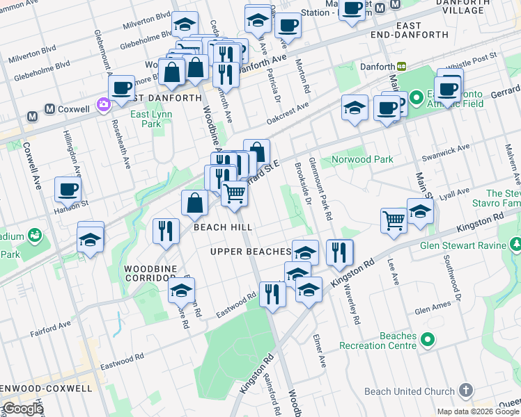 map of restaurants, bars, coffee shops, grocery stores, and more near in Toronto