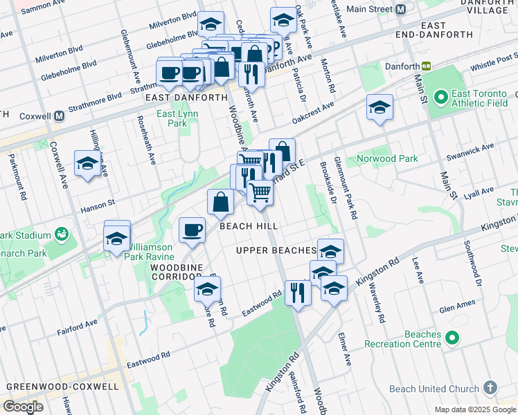 map of restaurants, bars, coffee shops, grocery stores, and more near in Toronto
