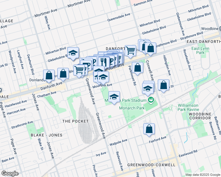 map of restaurants, bars, coffee shops, grocery stores, and more near 74 Lamb Avenue in Toronto