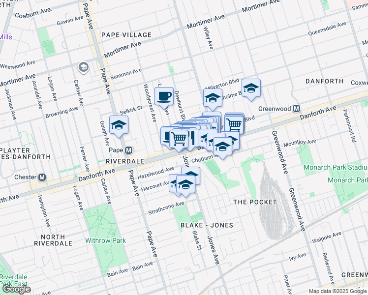 map of restaurants, bars, coffee shops, grocery stores, and more near in Toronto