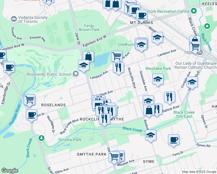 map of restaurants, bars, coffee shops, grocery stores, and more near in Toronto