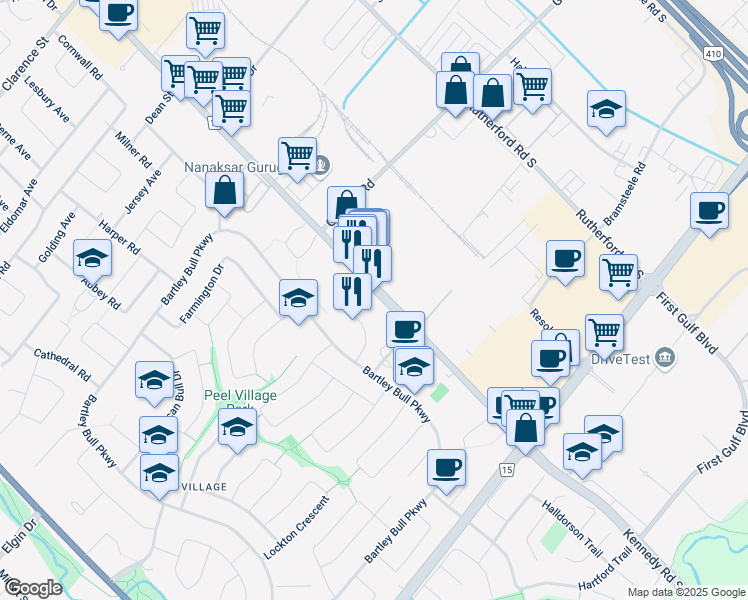 map of restaurants, bars, coffee shops, grocery stores, and more near 174 Town House Crescent in Brampton