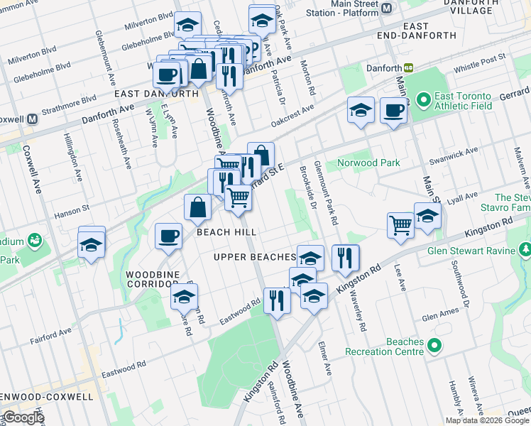 map of restaurants, bars, coffee shops, grocery stores, and more near 19 Devon Road in Toronto