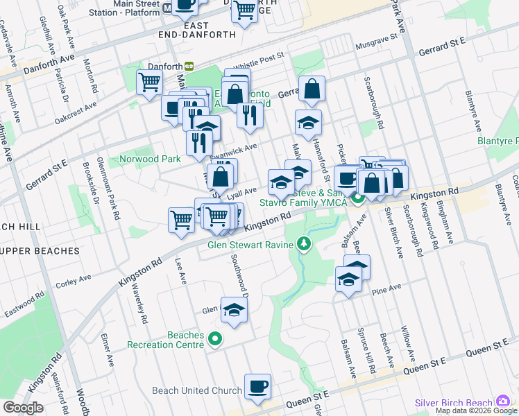 map of restaurants, bars, coffee shops, grocery stores, and more near 724 A Kingston Road in Toronto