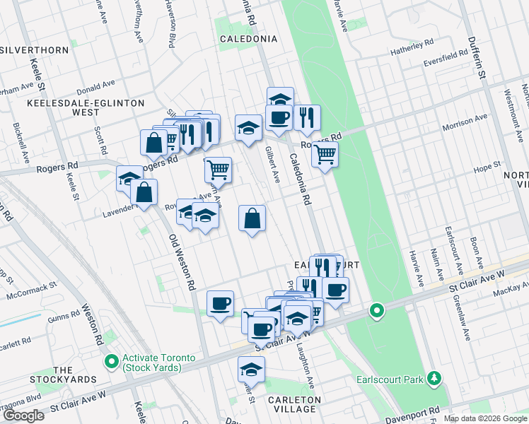 map of restaurants, bars, coffee shops, grocery stores, and more near in Toronto