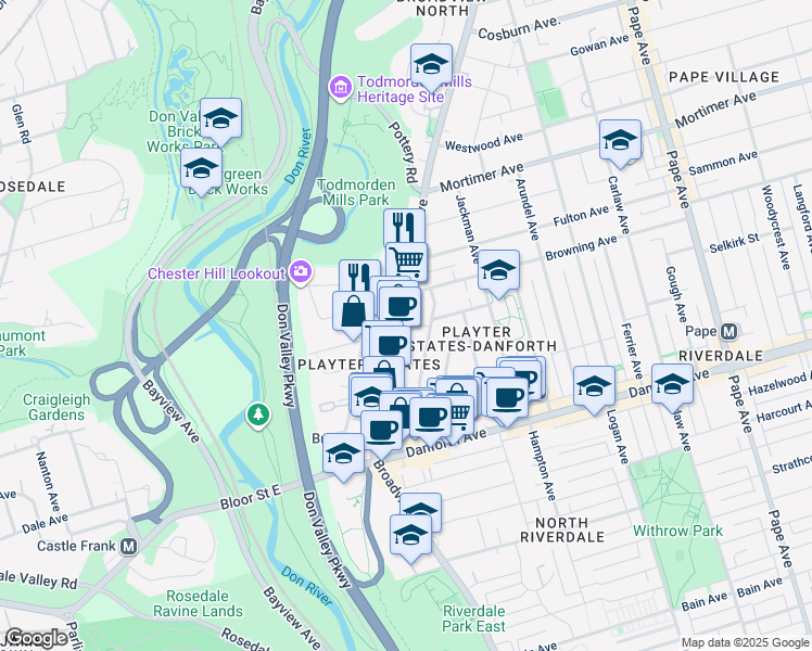 map of restaurants, bars, coffee shops, grocery stores, and more near 873 Broadview Avenue in Toronto