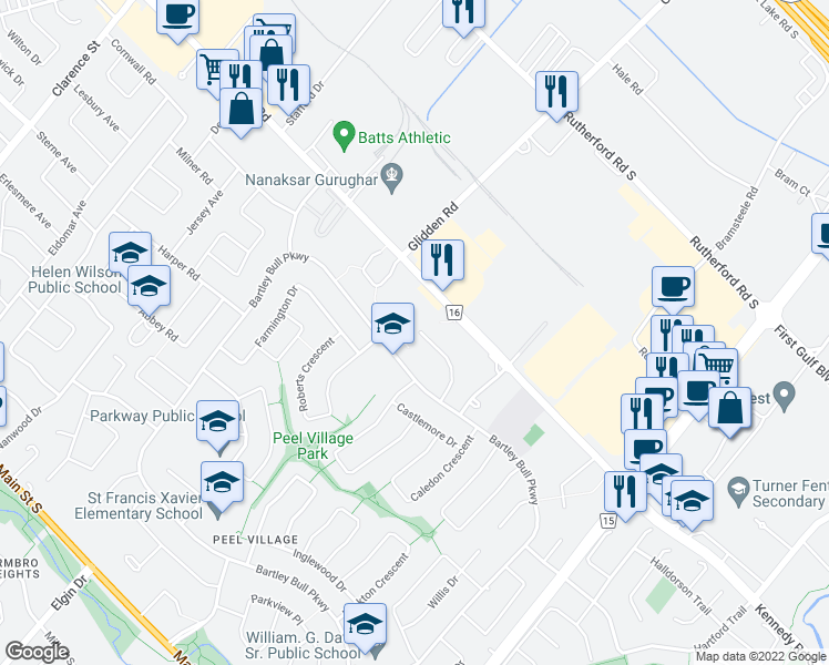 map of restaurants, bars, coffee shops, grocery stores, and more near 244 Town House Crescent in Brampton