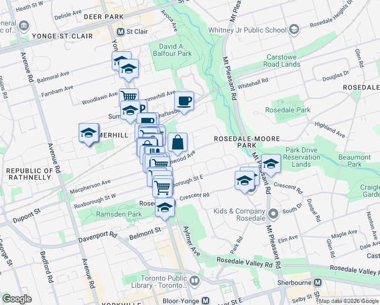 map of restaurants, bars, coffee shops, grocery stores, and more near 52 Rowanwood Avenue in Toronto