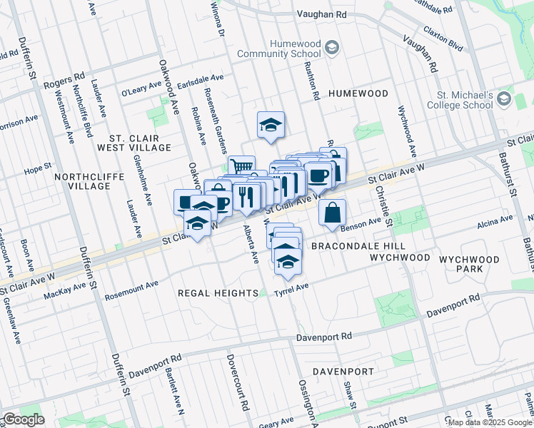 map of restaurants, bars, coffee shops, grocery stores, and more near 847 Saint Clair Avenue West in Toronto