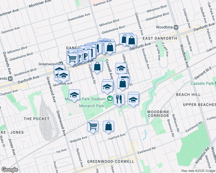 map of restaurants, bars, coffee shops, grocery stores, and more near 597 Rhodes Avenue in Toronto