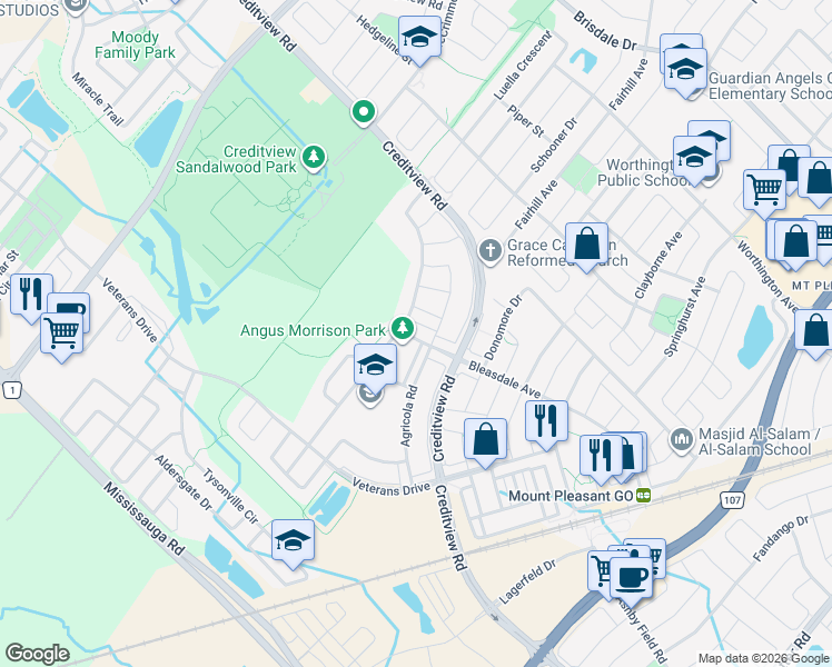 map of restaurants, bars, coffee shops, grocery stores, and more near 129 Bleasdale Avenue in Brampton