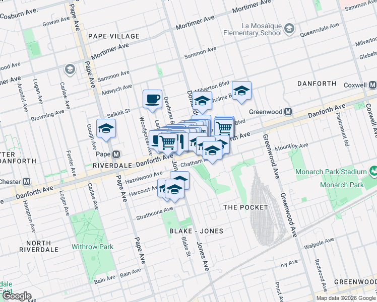 map of restaurants, bars, coffee shops, grocery stores, and more near 909 A Danforth Avenue in Toronto