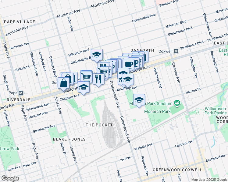 map of restaurants, bars, coffee shops, grocery stores, and more near Greenwood Avenue in Toronto