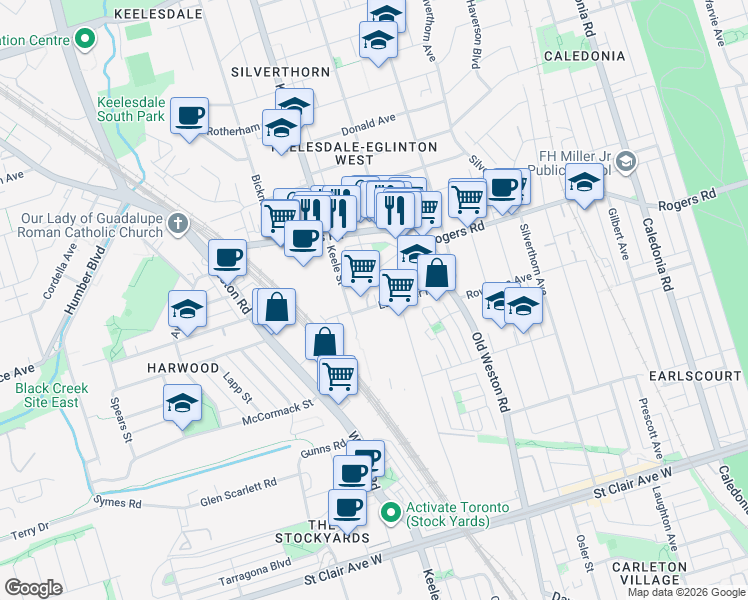 map of restaurants, bars, coffee shops, grocery stores, and more near in Toronto