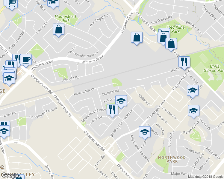 map of restaurants, bars, coffee shops, grocery stores, and more near 66 Castlehill Road in Brampton