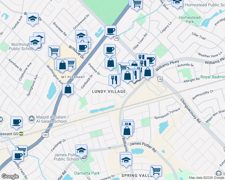 map of restaurants, bars, coffee shops, grocery stores, and more near 16 Whiteface Crescent in Brampton