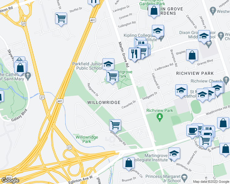 map of restaurants, bars, coffee shops, grocery stores, and more near Longbourne Drive in Toronto