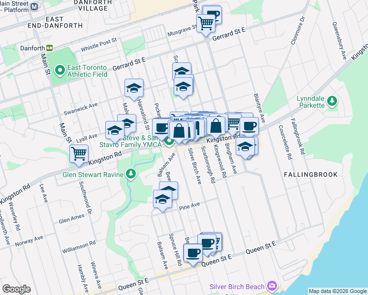 map of restaurants, bars, coffee shops, grocery stores, and more near 927 Kingston Road in Toronto