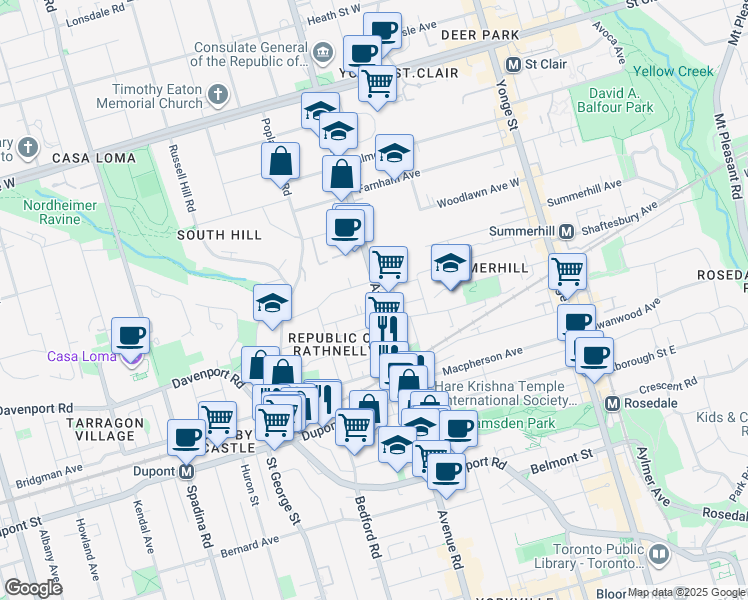 map of restaurants, bars, coffee shops, grocery stores, and more near 314 Avenue Road in Toronto
