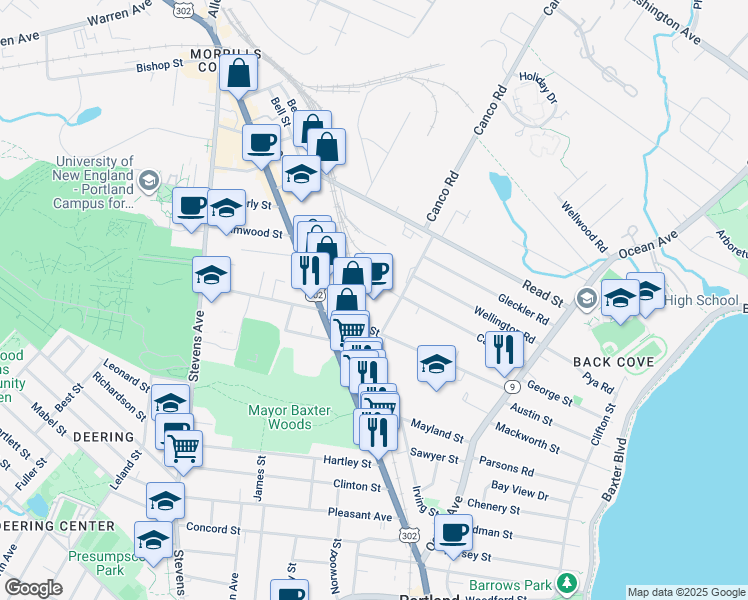 map of restaurants, bars, coffee shops, grocery stores, and more near 135 Walton Street in Portland