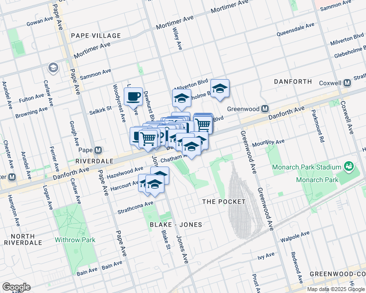 map of restaurants, bars, coffee shops, grocery stores, and more near in Toronto