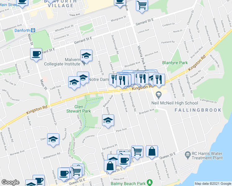 map of restaurants, bars, coffee shops, grocery stores, and more near 923 Kingston Road in Toronto