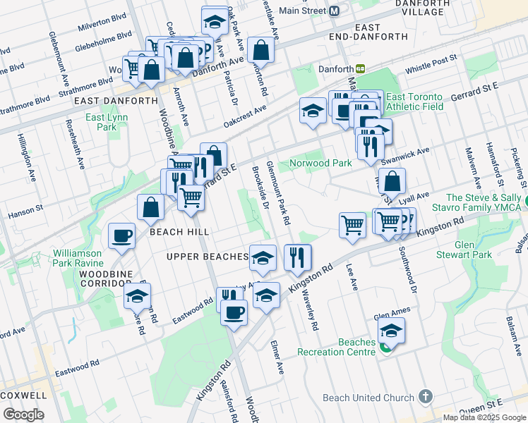 map of restaurants, bars, coffee shops, grocery stores, and more near 118 Brookside Drive in Toronto