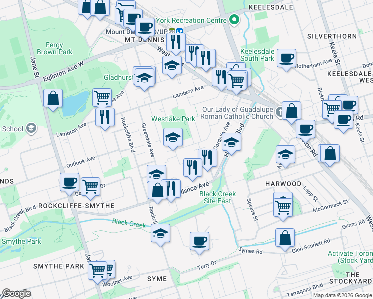 map of restaurants, bars, coffee shops, grocery stores, and more near in Toronto