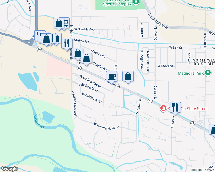 map of restaurants, bars, coffee shops, grocery stores, and more near 10178 West Carlton Bay Drive in Garden City