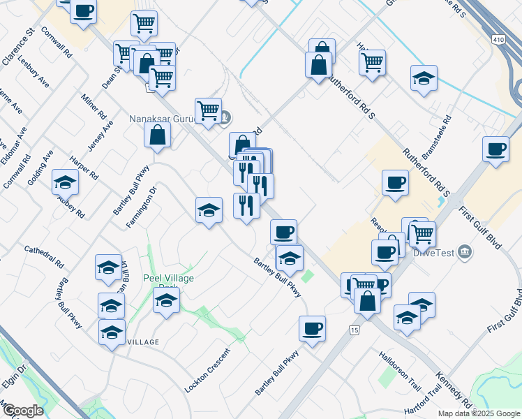 map of restaurants, bars, coffee shops, grocery stores, and more near 174 Town House Crescent in Brampton