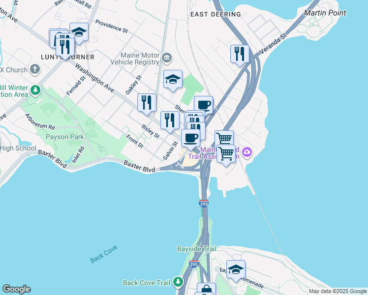 map of restaurants, bars, coffee shops, grocery stores, and more near 13 Bates Street in Portland