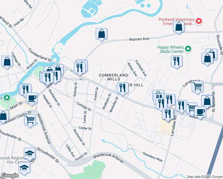map of restaurants, bars, coffee shops, grocery stores, and more near 322 Main Street in Westbrook