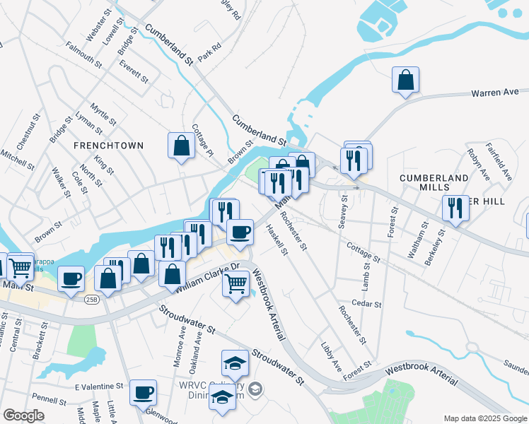 map of restaurants, bars, coffee shops, grocery stores, and more near 546 Main Street in Westbrook