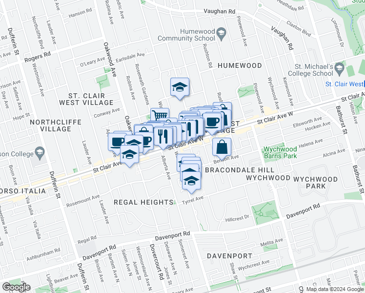 map of restaurants, bars, coffee shops, grocery stores, and more near 873 Saint Clair Avenue West in Toronto