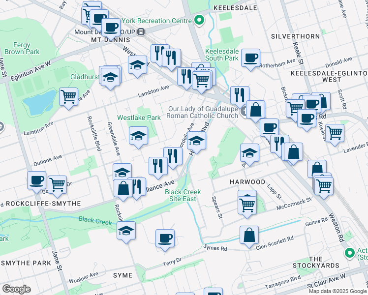 map of restaurants, bars, coffee shops, grocery stores, and more near in Toronto