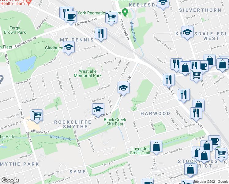 map of restaurants, bars, coffee shops, grocery stores, and more near 89 Cordella Avenue in Toronto