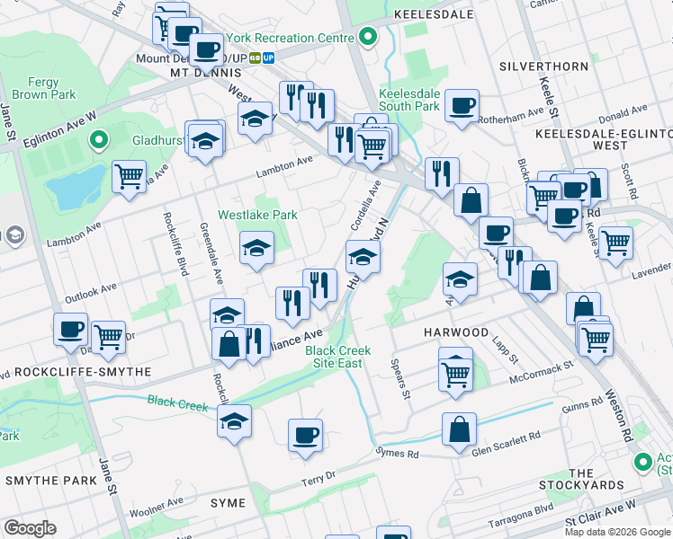 map of restaurants, bars, coffee shops, grocery stores, and more near 89 Cordella Avenue in Toronto