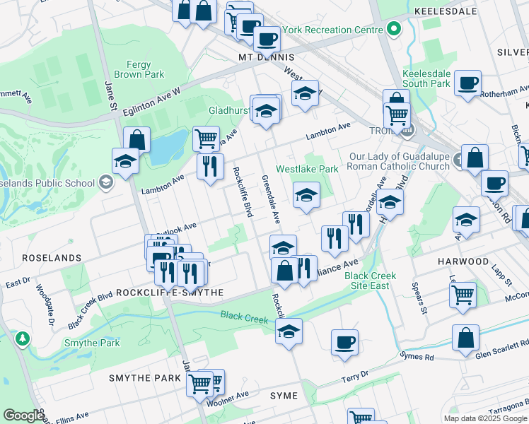 map of restaurants, bars, coffee shops, grocery stores, and more near in Toronto