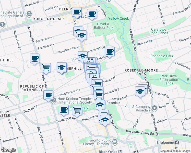 map of restaurants, bars, coffee shops, grocery stores, and more near 10 Price Street in Toronto