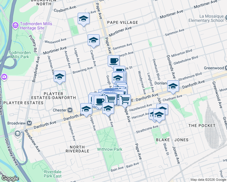 map of restaurants, bars, coffee shops, grocery stores, and more near 105 A Gough Avenue in Toronto