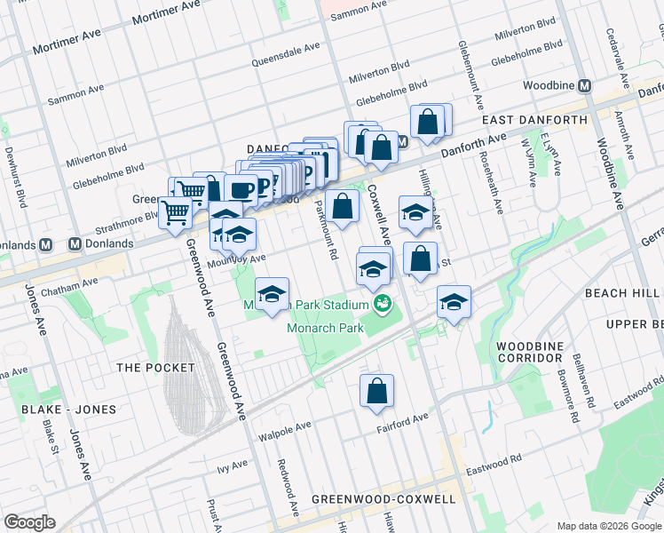 map of restaurants, bars, coffee shops, grocery stores, and more near 122 Parkmount Road in Toronto