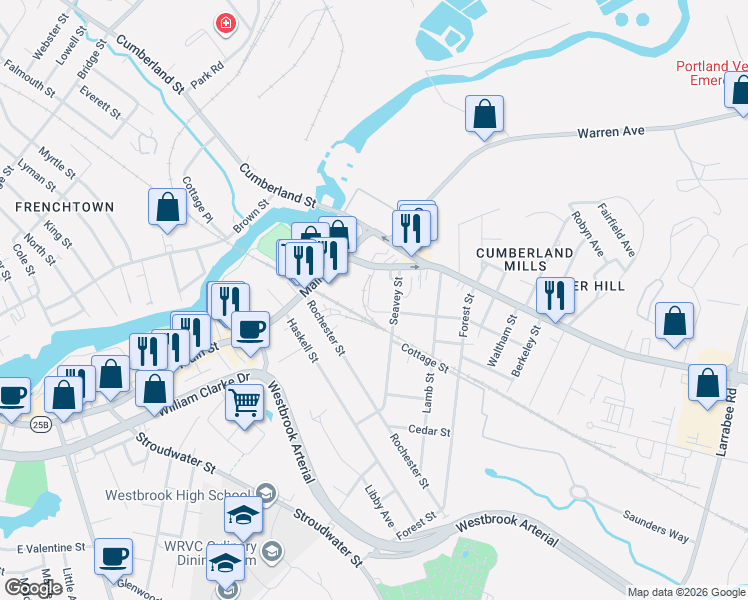 map of restaurants, bars, coffee shops, grocery stores, and more near 27 Seavey Street in Westbrook