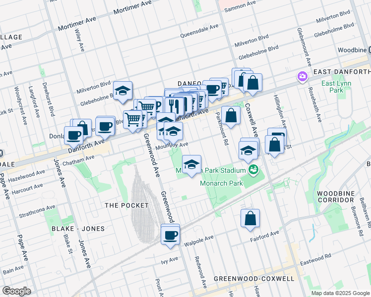 map of restaurants, bars, coffee shops, grocery stores, and more near 88 Lamb Avenue in Toronto