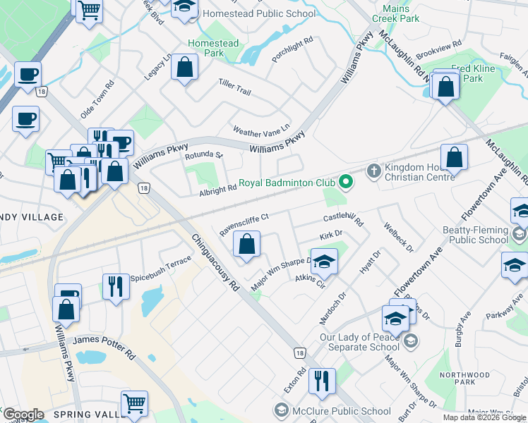 map of restaurants, bars, coffee shops, grocery stores, and more near 62 Ravenscliffe Court in Brampton