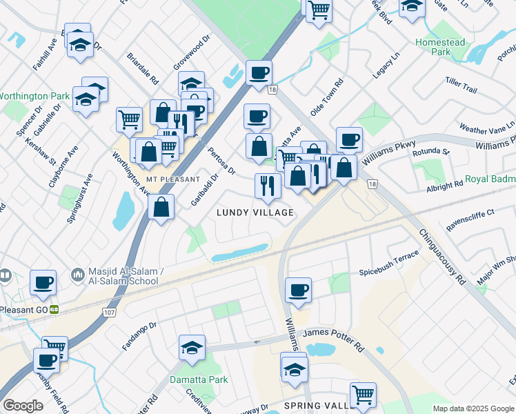 map of restaurants, bars, coffee shops, grocery stores, and more near 7 Ancestor Drive in Brampton