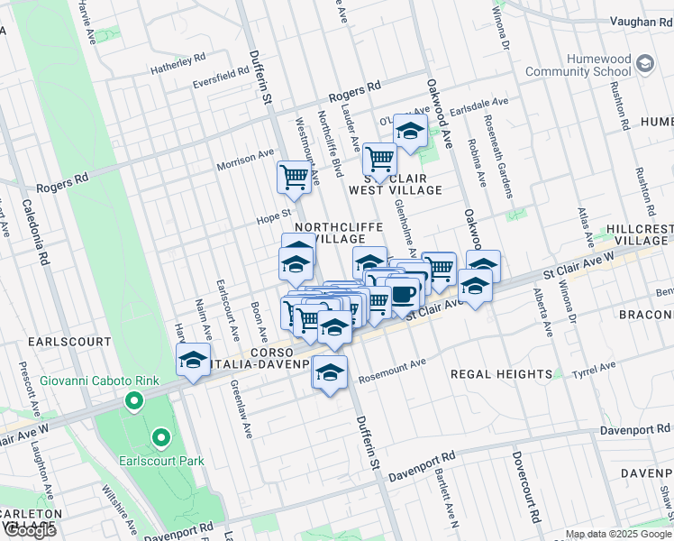 map of restaurants, bars, coffee shops, grocery stores, and more near 198 Westmount Avenue in Toronto