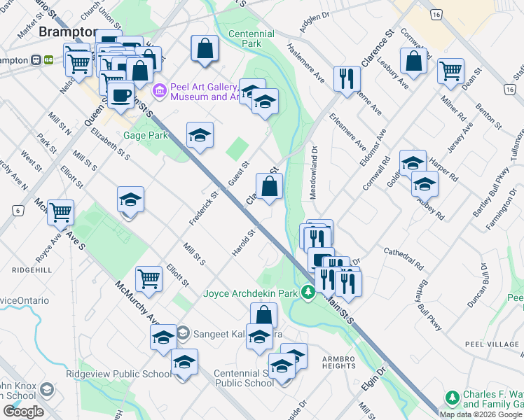 map of restaurants, bars, coffee shops, grocery stores, and more near in Brampton