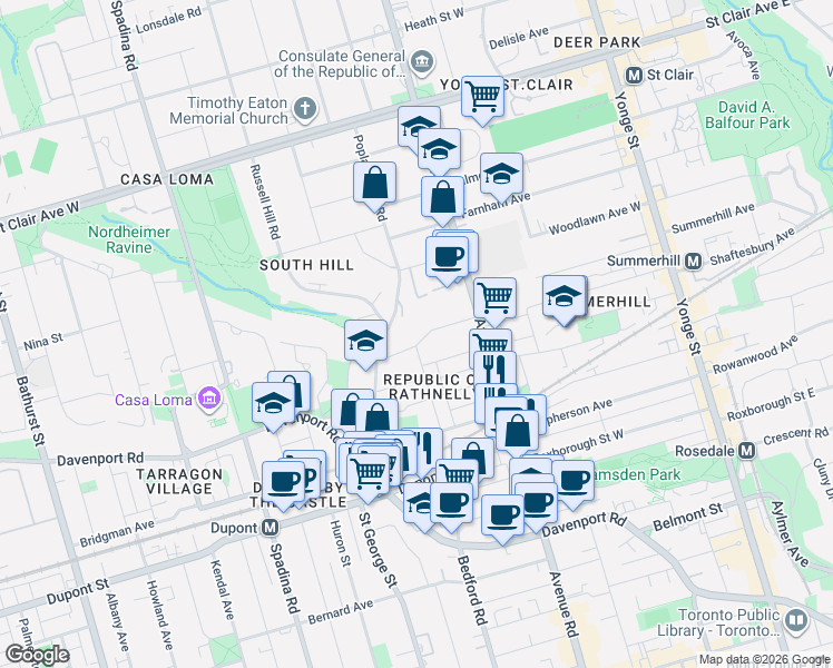 map of restaurants, bars, coffee shops, grocery stores, and more near 50 Poplar Plains Crescent in Toronto
